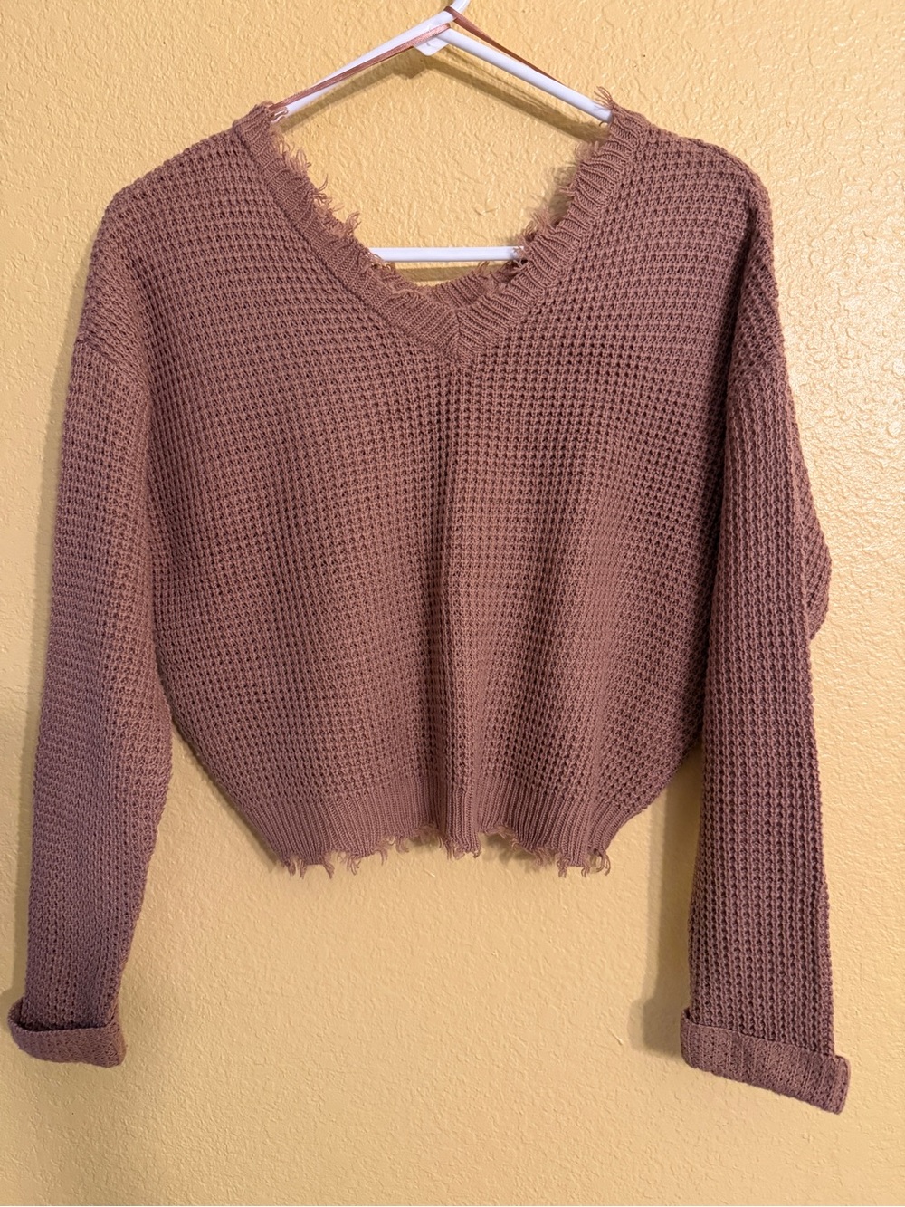 Women’s Camel Color V-Neck Distressed Knit Sweater